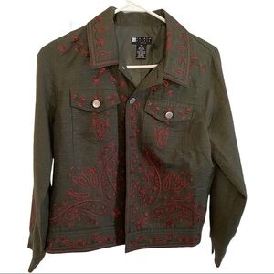 Carole Little Women Olive & Red Embroidered Silk Jacket Blazer Sz SP Shacket